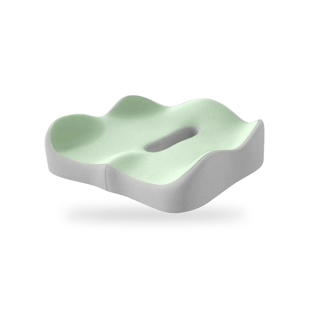 Coussin d'assise ergonomique à mémoire de forme vert d'eau et gris avec découpe coccyx, vue de trois quarts