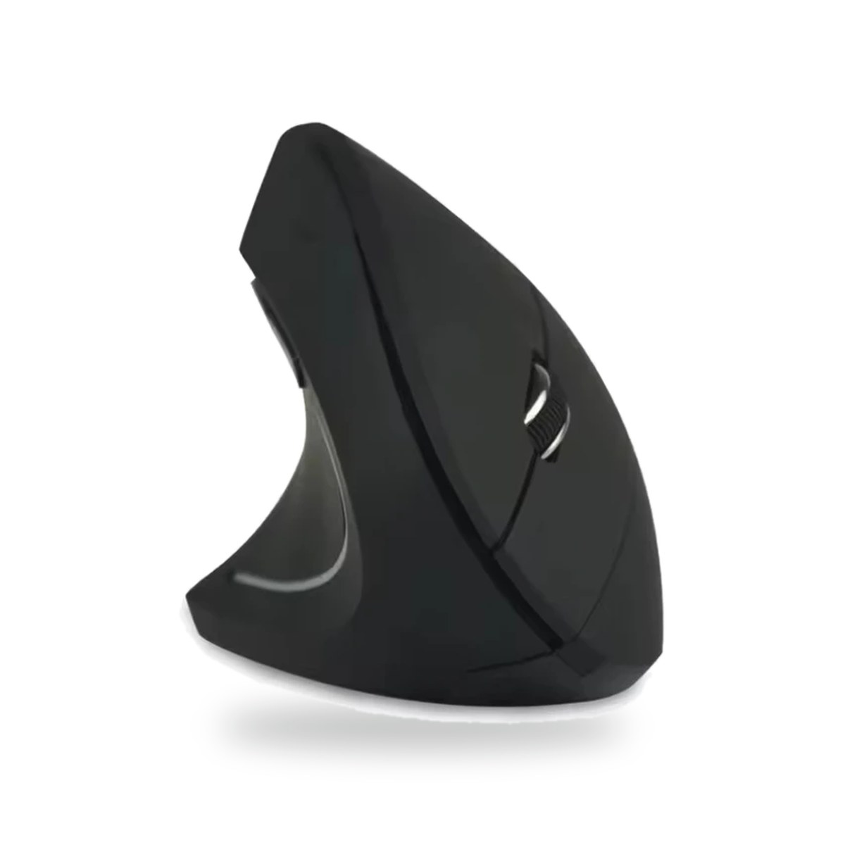 Souris verticale ergonomique noire pour gaucher, version miroir avec molette et bouton DPI, vue de trois quarts