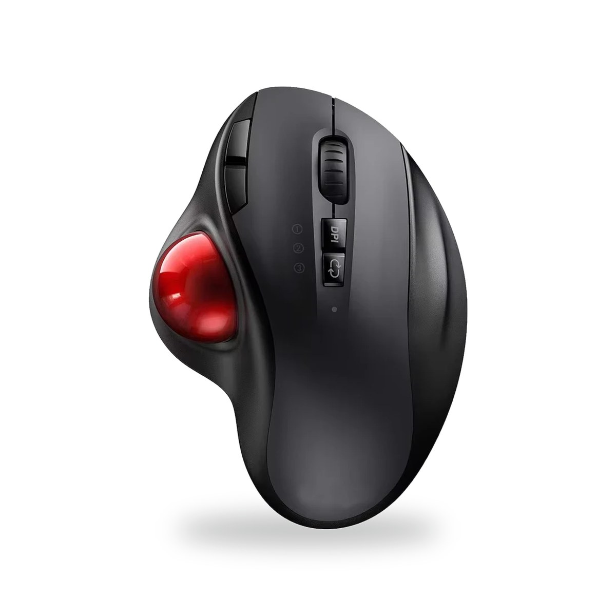 Souris trackball ergonomique noire avec boule de précision rouge au pouce, molette et boutons DPI, vue de dessus