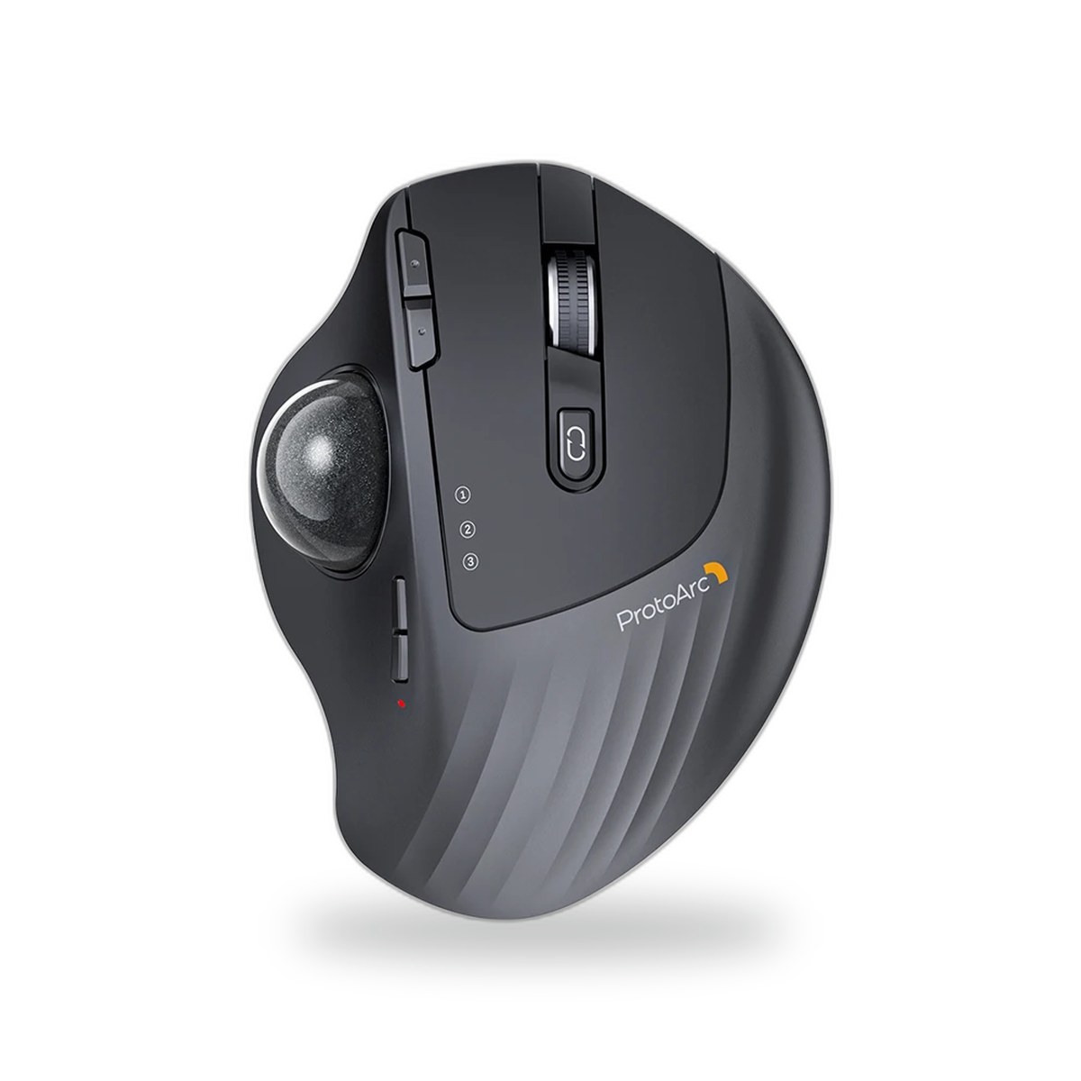Souris trackball ProtoArc EM01 NL noire avec boule graphite au pouce, molette et bouton multi-appareils, vue de dessus