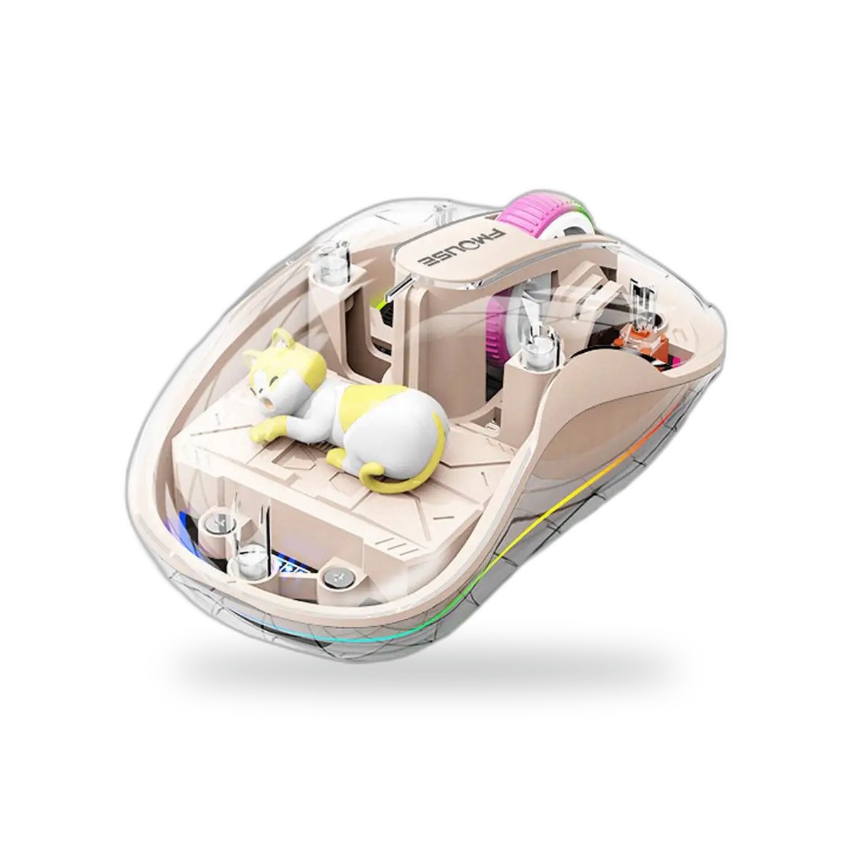 Souris sans fil transparente avec éclairage RGB et figurine chat magnétique visible sous la coque