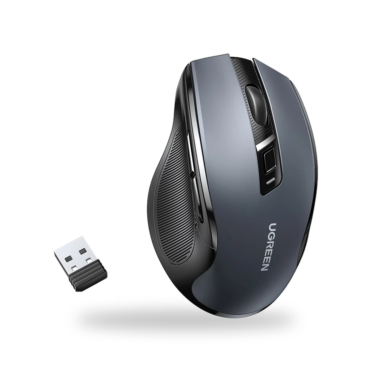 Souris ergonomique UGREEN grise grand format avec récepteur USB, molette et bouton DPI, vue de dessus trois quarts